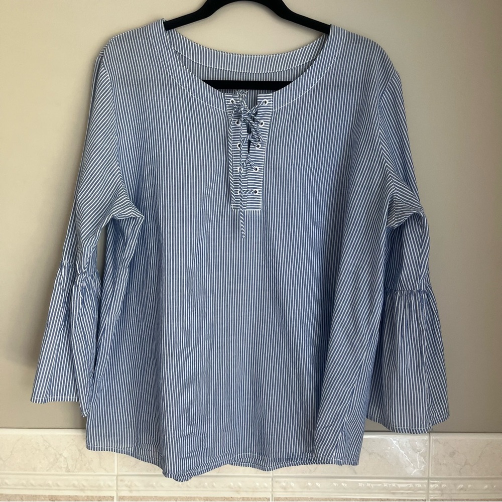 St. John's Bay Women's Blue & White Striped Blouse With Bell Sleeves Size XL